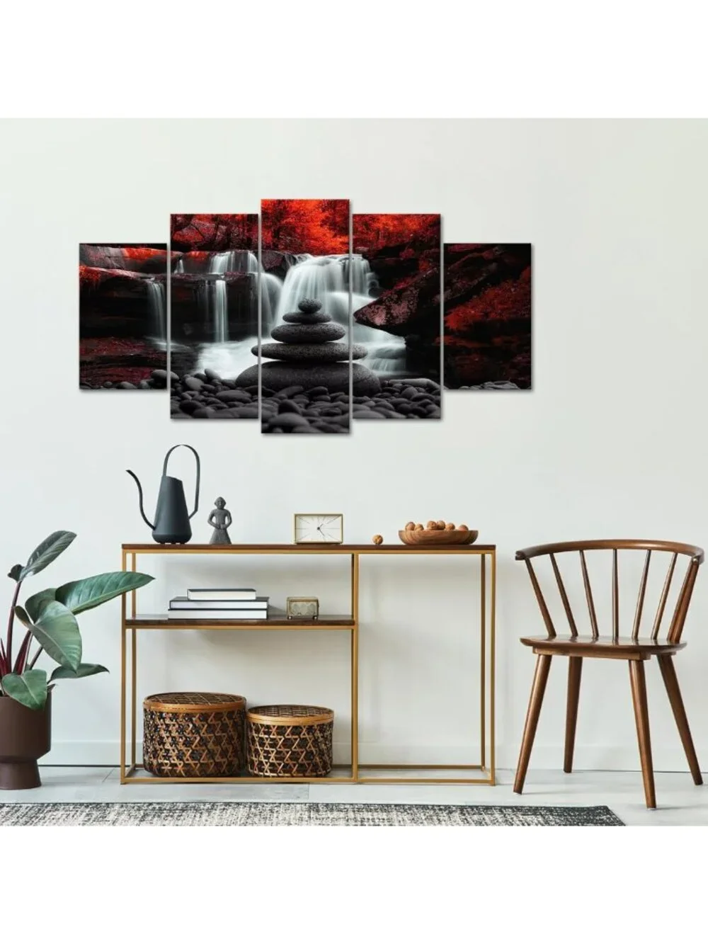 Zen Stones Waterfall Wall Art - Red Trees Landscape Canvas Print for Living Room